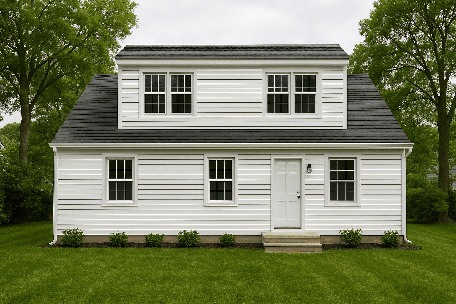 Newly completed shed dormer addition on a Long Island cape cod home with white vinyl siding and new windows