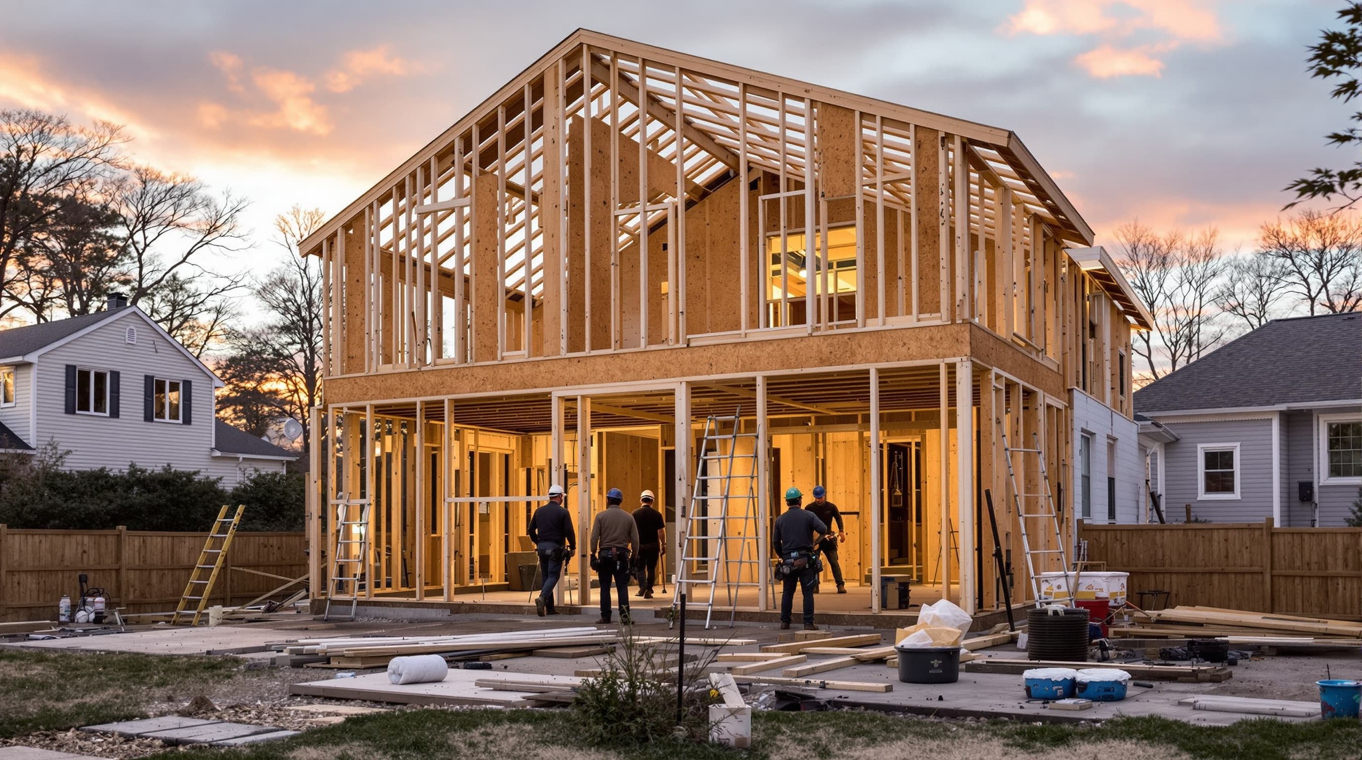Home addition contractor framing a Long Island colonial rear addition