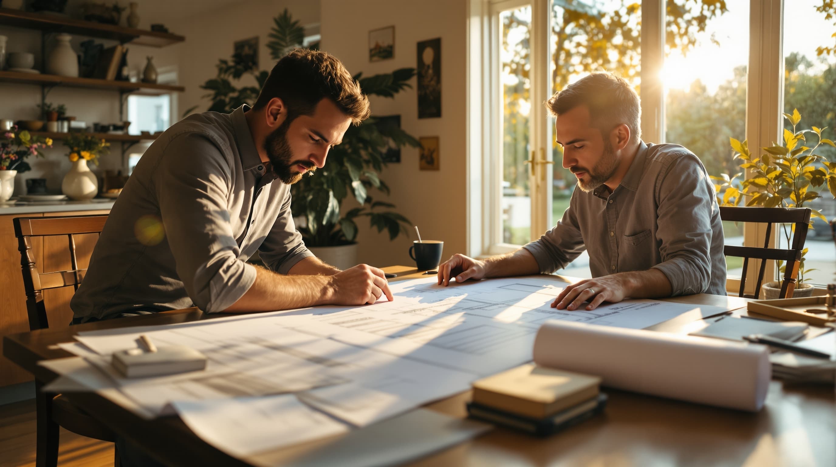 Contractor and homeowner reviewing drawings for an addition at a kitchen table