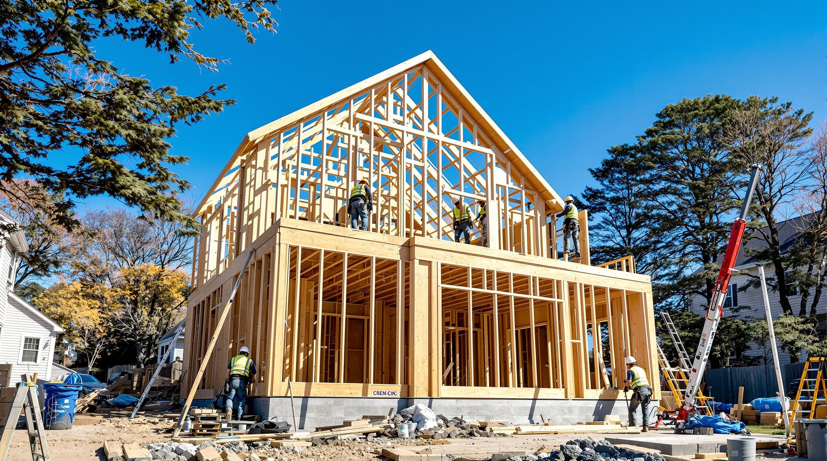Wood framing for a new addition going up on the back of a house